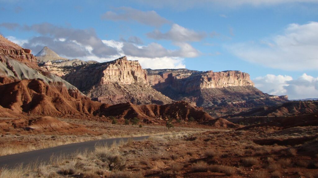 High desert views of mountains and brush along the scenic drive in Capitol Reef National Park
